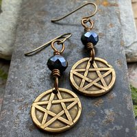 Pentagram Bronze Earrings, Pentacle, Wicca Pagan, Crystals Beads, 5 Elements, Witch Jewelry, Hypoallergenic Ear Wires, Soul Harbor Jewelry