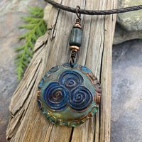 Newgrange Spirals, Copper Pendant, Connemara Marble, Triple Spiral, Irish Celtic Jewelry, Verdigris Patina, Blue Green Copper, Pagan Witch