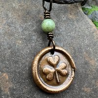 Shamrock Clover Charm, Copper Wax Seal Charm, Connemara Marble, Irish Celtic Jewelry, Leather & Vegan Cords, Handmade, Soul Harbor Jewelry
