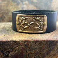 Celtic Hounds, Bronze & Leather Cuff Bracelet, Irish Celtic, Unisex Jewelry, Black Leather Adjustable Cuff, Size 6.75-8, Earthy Rustic