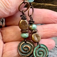 Copper Patina Spiral Earrings, Stacked Cairns, Spiral Beads, Czech Glass Beads, Hypoallergenic Ear Wires, Earthy, Arty Mismatched Earrings