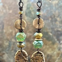 Bronze Coral Fossil Texture Earrings, Stacked Cairns, Washer Donut Beads, Czech Glass, Bronze & Aqua, Arty Mismatched Earrings, Long Dangles