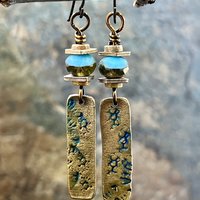 Bronze Dangle Drop Earrings, Coral Fossil Texture, Czech Glass Beads, Bronze and Blue, Hypoallergenic Niobium Ear Wires, Earthy Primitive