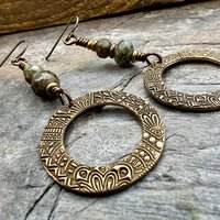 Bronze Hoop Earrings, Blue Green Czech Glass, Hypoallergenic Ear Wires, Earthy Boho Jewelry, Rustic, Tribal Textured, Dangle Drop Hoops