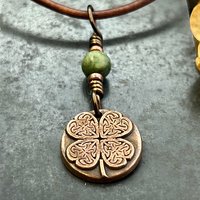 Four Leaf Heart Clover, Copper Wax Seal Charm, Connemara Marble, Irish Celtic Jewelry, 4 Leaf Clover, Lucky Love Charm, Leather & Vegan Cord