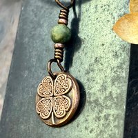 Four Leaf Heart Clover, Copper Wax Seal Charm, Connemara Marble, Irish Celtic Jewelry, 4 Leaf Clover, Lucky Love Charm, Leather & Vegan Cord