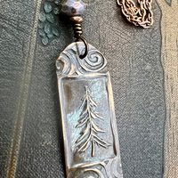 Pine Tree, Copper Pendant, Celtic Spirals, Czech Glass, Evergreen Trees, Earthy Rustic Art Jewelry, Hand Carved, Tree of Life, Pagan Druid