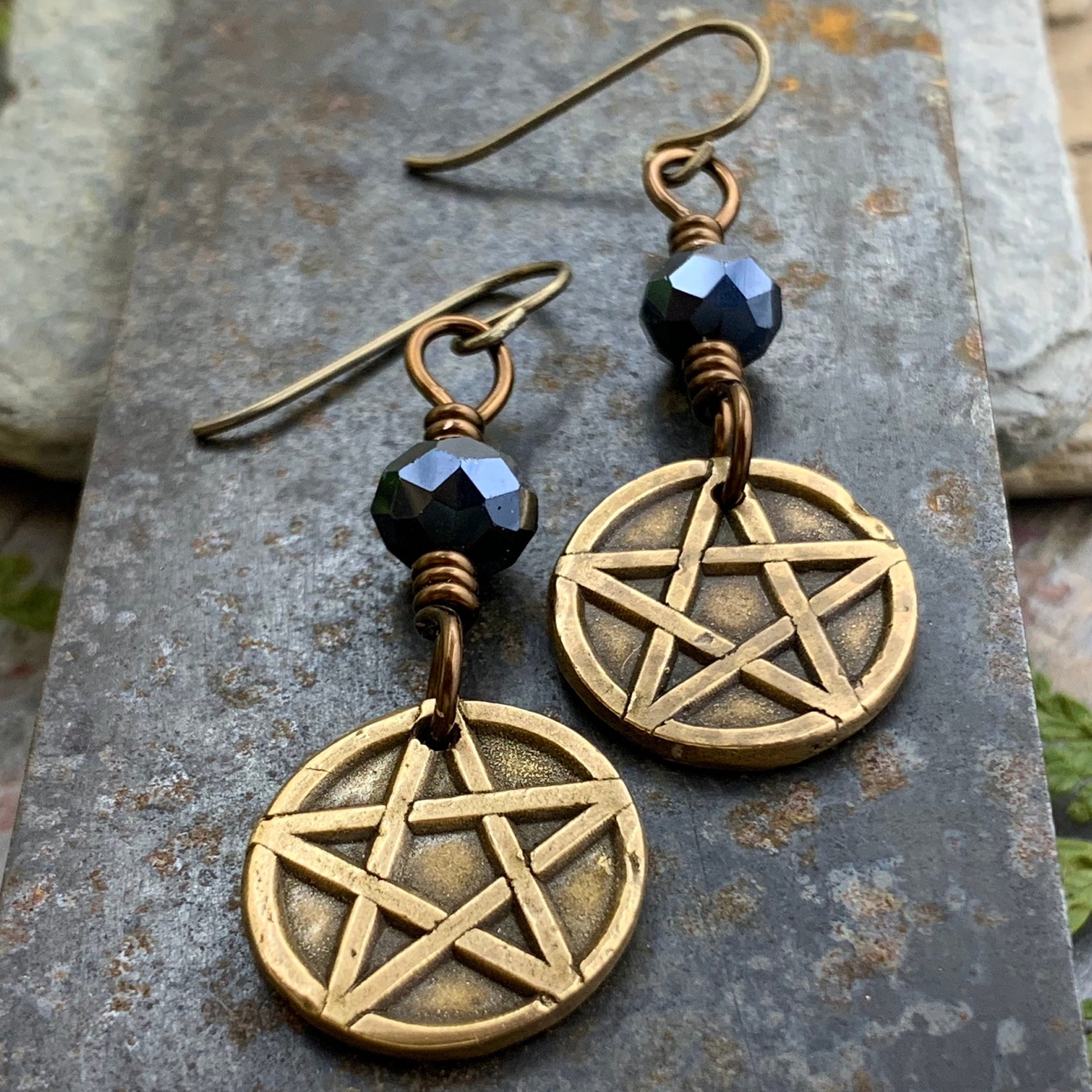 Pentagram Bronze Earrings, Pentacle, Wicca Pagan, Crystals Beads, 5 Elements, Witch Jewelry, Hypoallergenic Ear Wires, Soul Harbor Jewelry