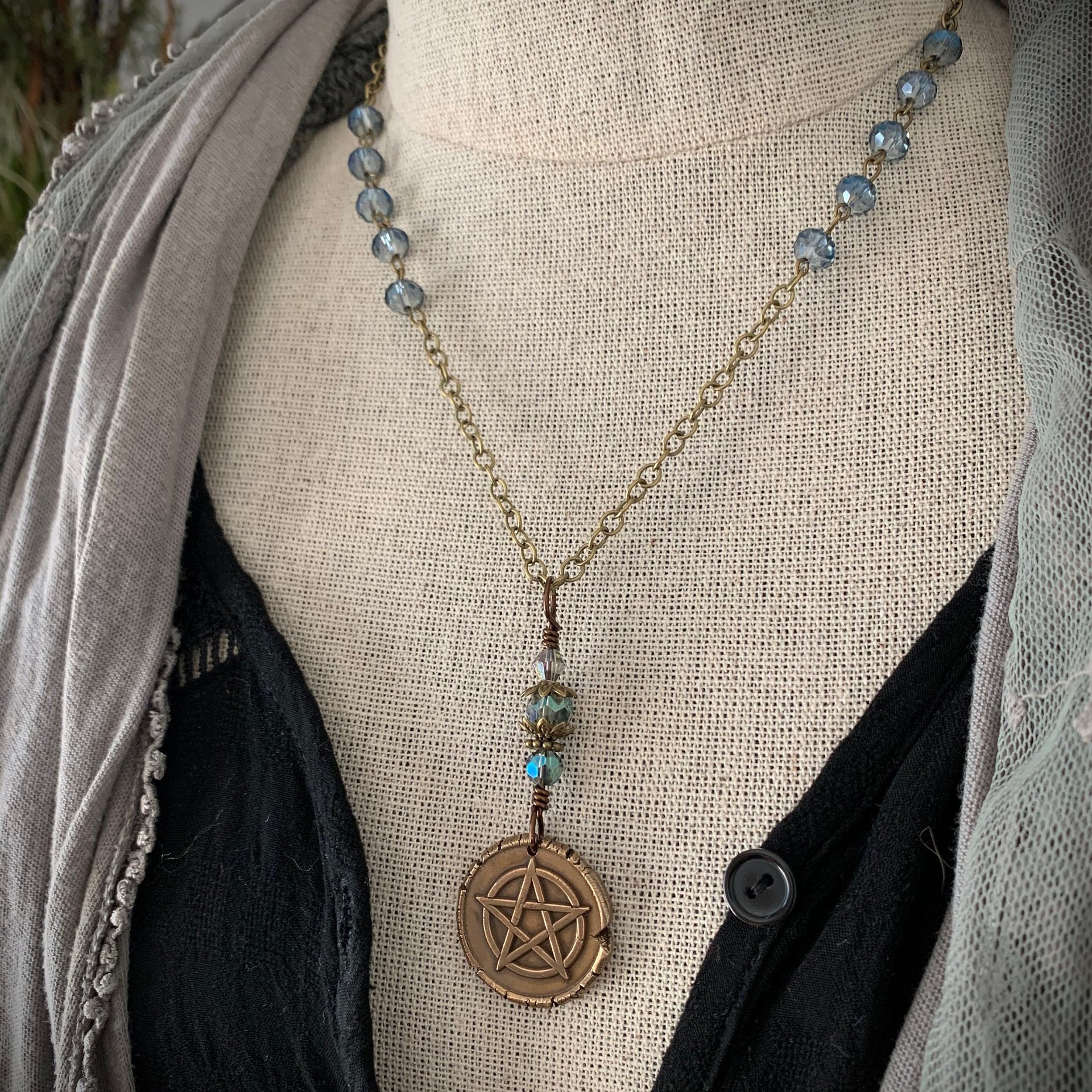 Pentagram Charm Necklace, Blue Crystal Beads, 5 Elements, Long Pentacle Necklace, Pagan Wicca, Earth Air Fire Water Spirit, Handmade Art