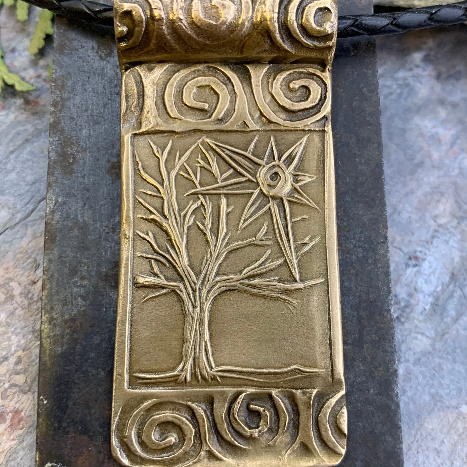 Celtic Tree of Life, Bronze Tree Sun Pendant, Irish Celtic Spirals, Hand Carved, Leather & Vegan Cords, Druid Pagan, Handmade Art Jewelry