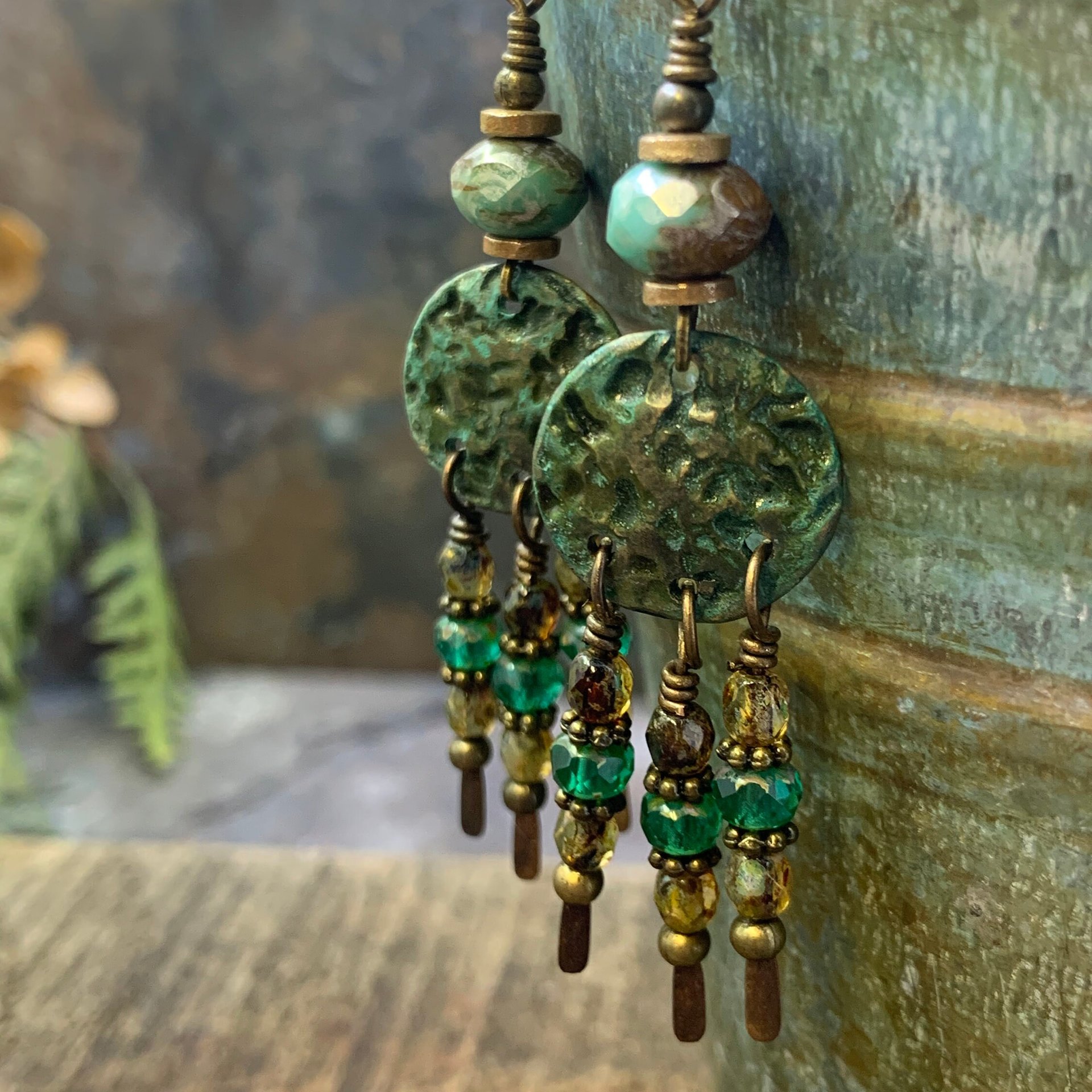 Bronze Disc Earrings, Chandelier Dangles, Czech Glass Beads, Boho Chic Jewelry, Hypoallergenic Ear Wires, Earthy Colorful