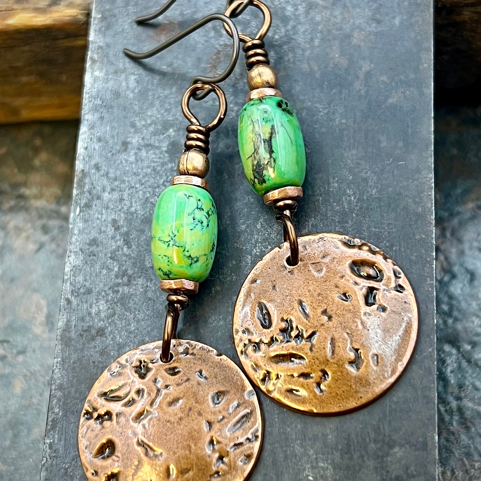 Copper Disc Earrings, Turquoise Beads, Hypoallergenic Ear Wires, Earthy Tribal, Boho Chic Style, Dangle Discs, Handmade Metal Jewelry