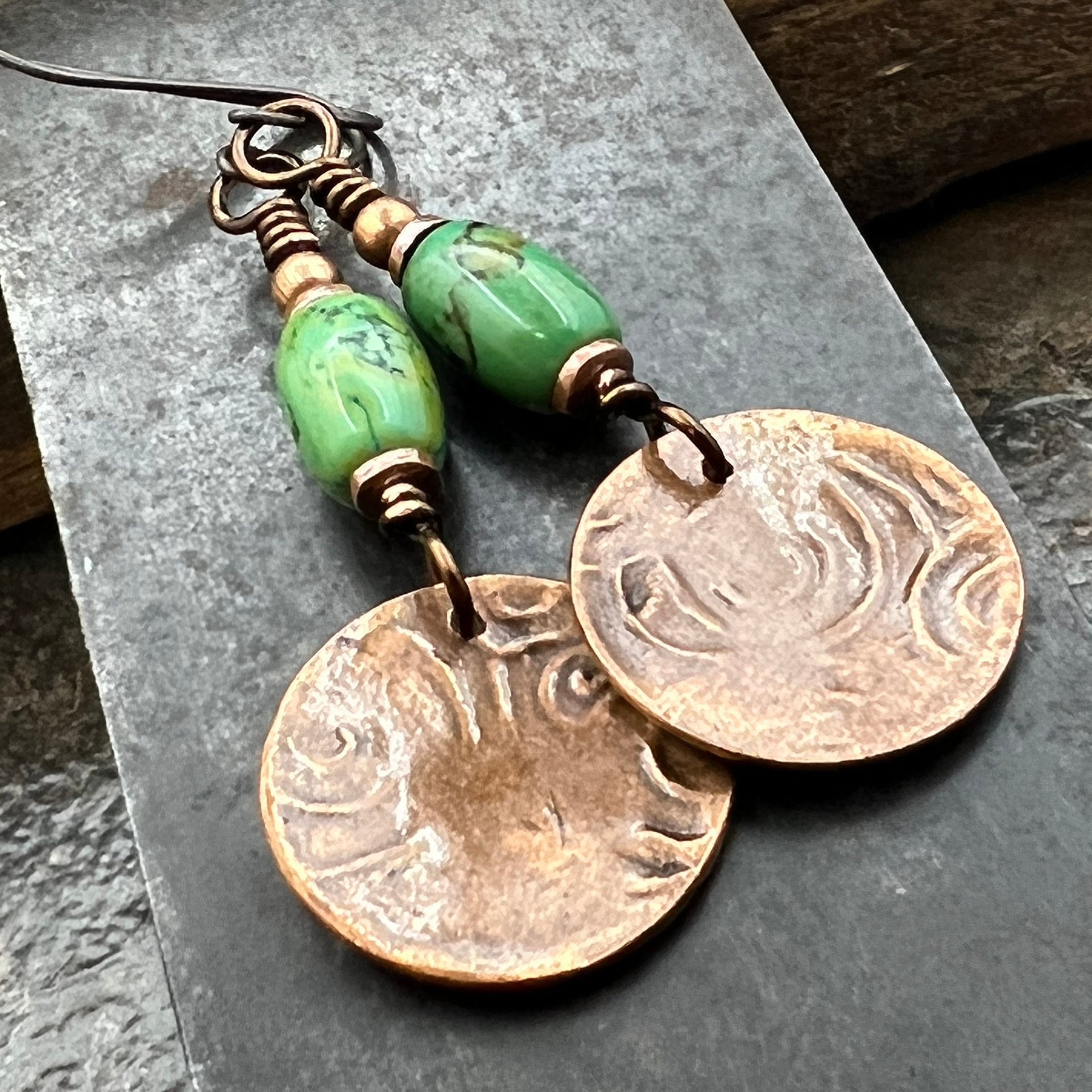 Copper Disc Earrings, Turquoise Beads, Hypoallergenic Ear Wires, Earthy Tribal, Boho Chic Style, Dangle Discs, Handmade Metal Jewelry
