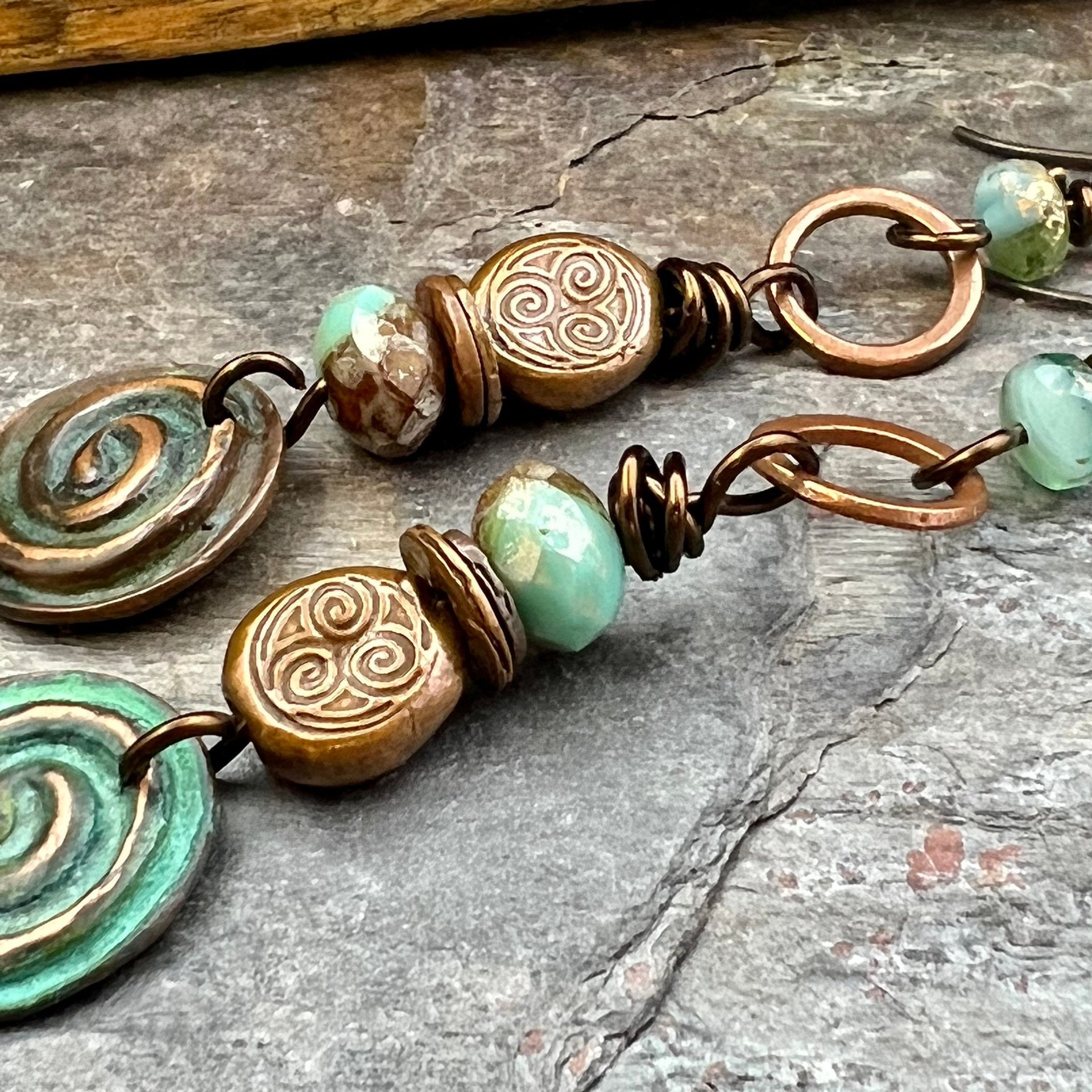 Copper Patina Spiral Earrings, Stacked Cairns, Spiral Beads, Czech Glass Beads, Hypoallergenic Ear Wires, Earthy, Arty Mismatched Earrings