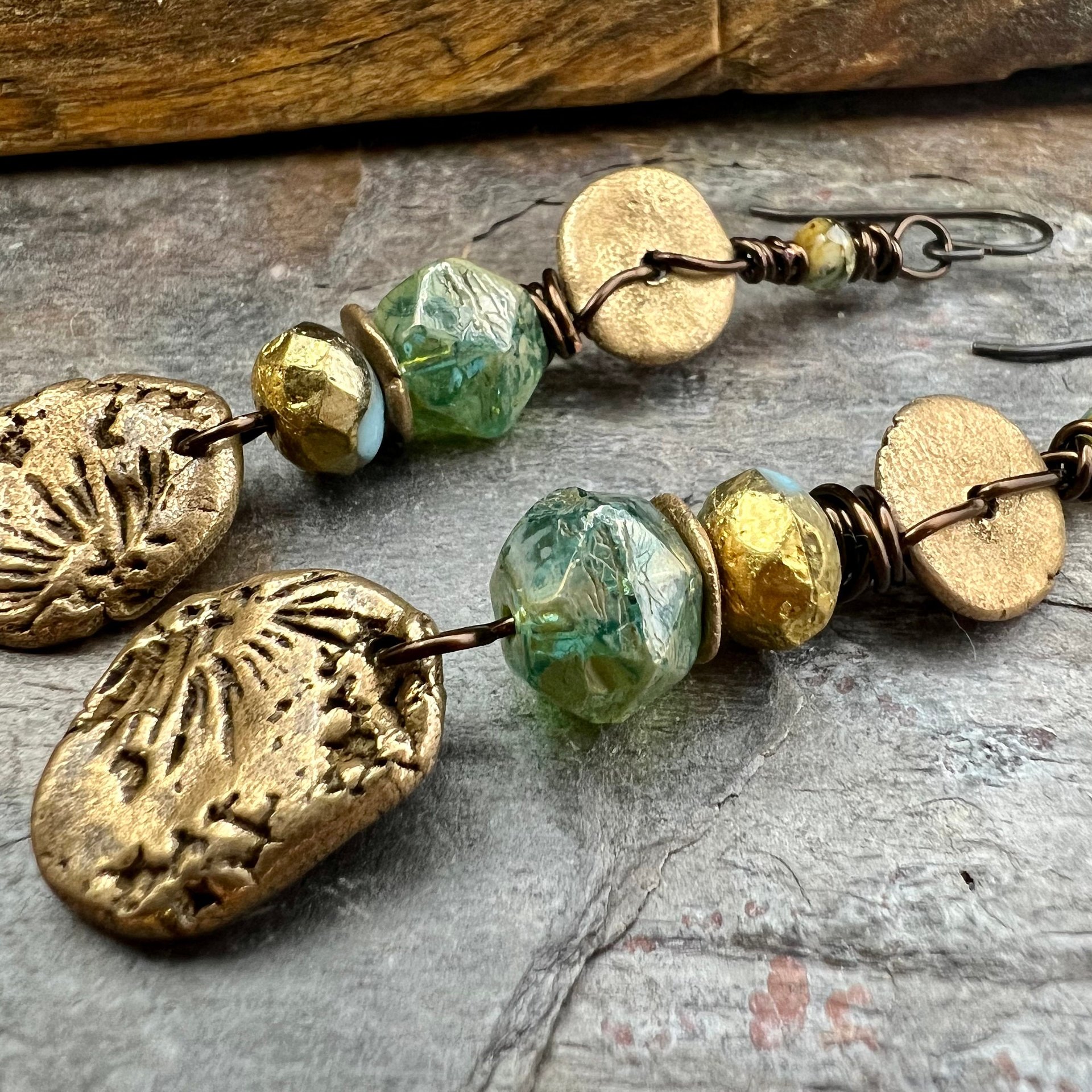 Bronze Coral Fossil Texture Earrings, Stacked Cairns, Washer Donut Beads, Czech Glass, Bronze & Aqua, Arty Mismatched Earrings, Long Dangles