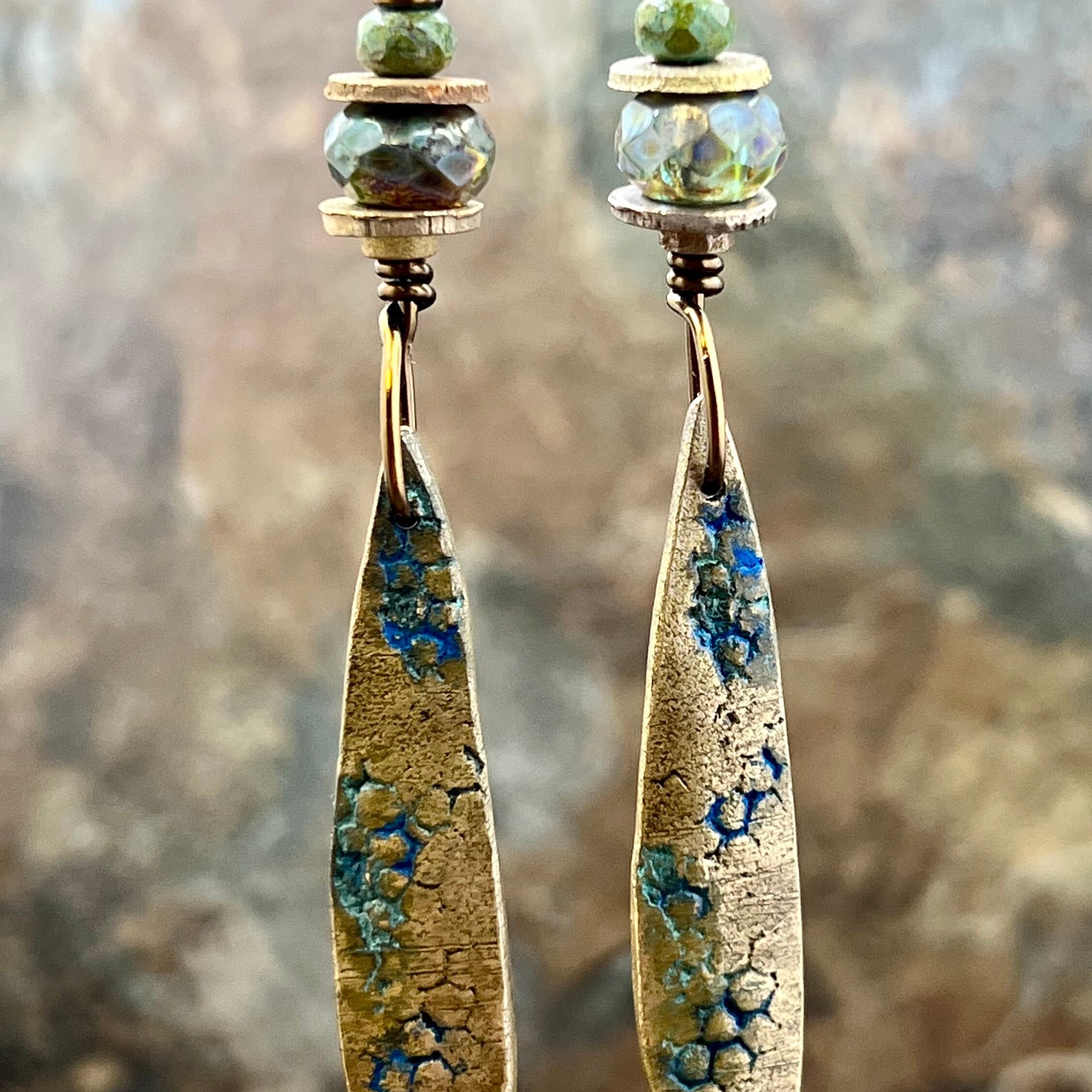 Bronze Dangle, Teardrop Earrings, Coral Fossil Texture, Czech Glass Beads, Bronze and Blue, Hypoallergenic Niobium Ear Wires, Earthy Arty