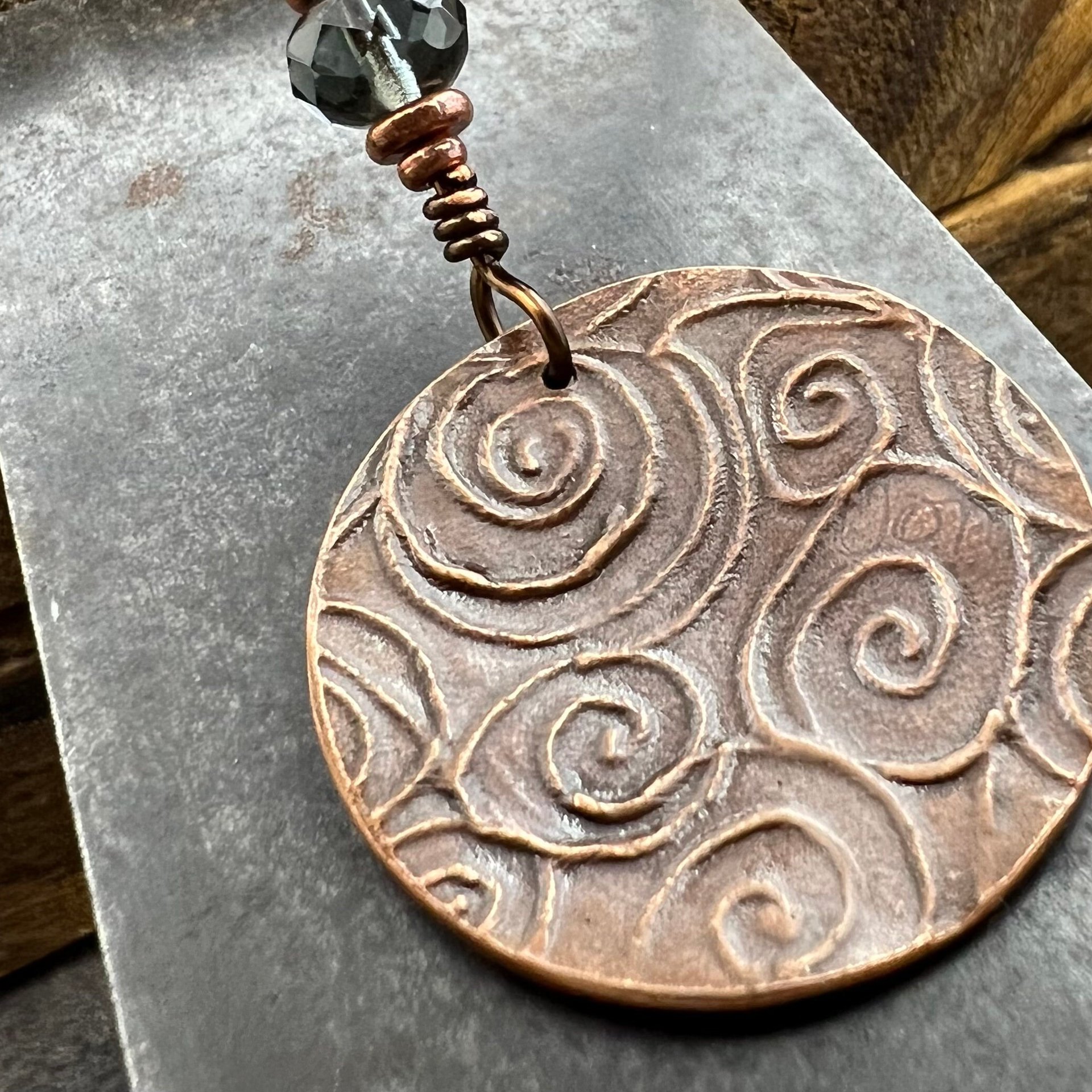 Tree of Life Pendant, Colorful Patina, Czech Glass Bead, Hand Carved, Irish Celtic Spirals, Celtic Witch Goddess, Ancient Earthy Jewelry