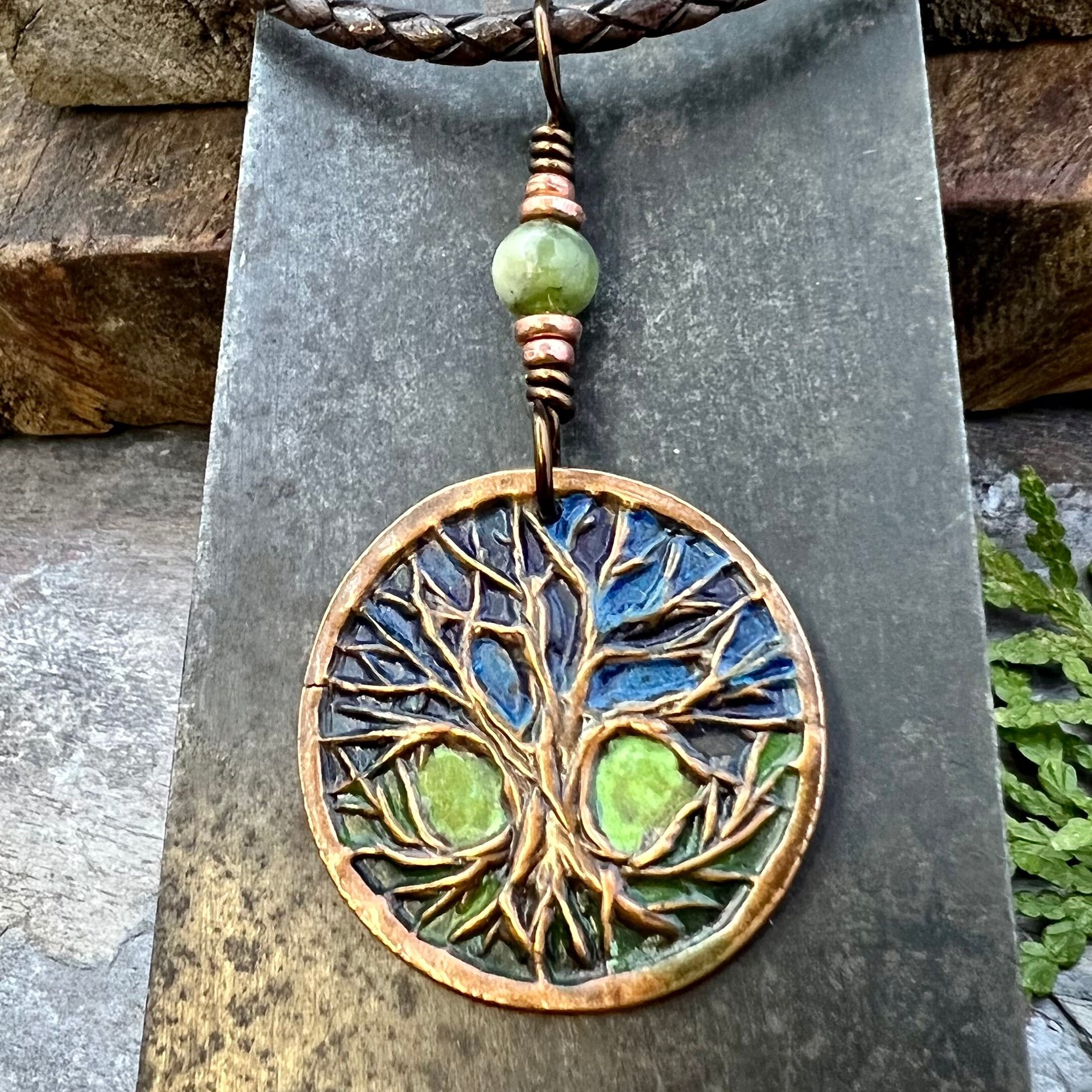 Celtic Tree of Life, Round Copper Pendant, Colorful Patina, Connemara Marble, Irish Celtic Spirals, Celtic Witch Goddess, Earthy Art Jewelry
