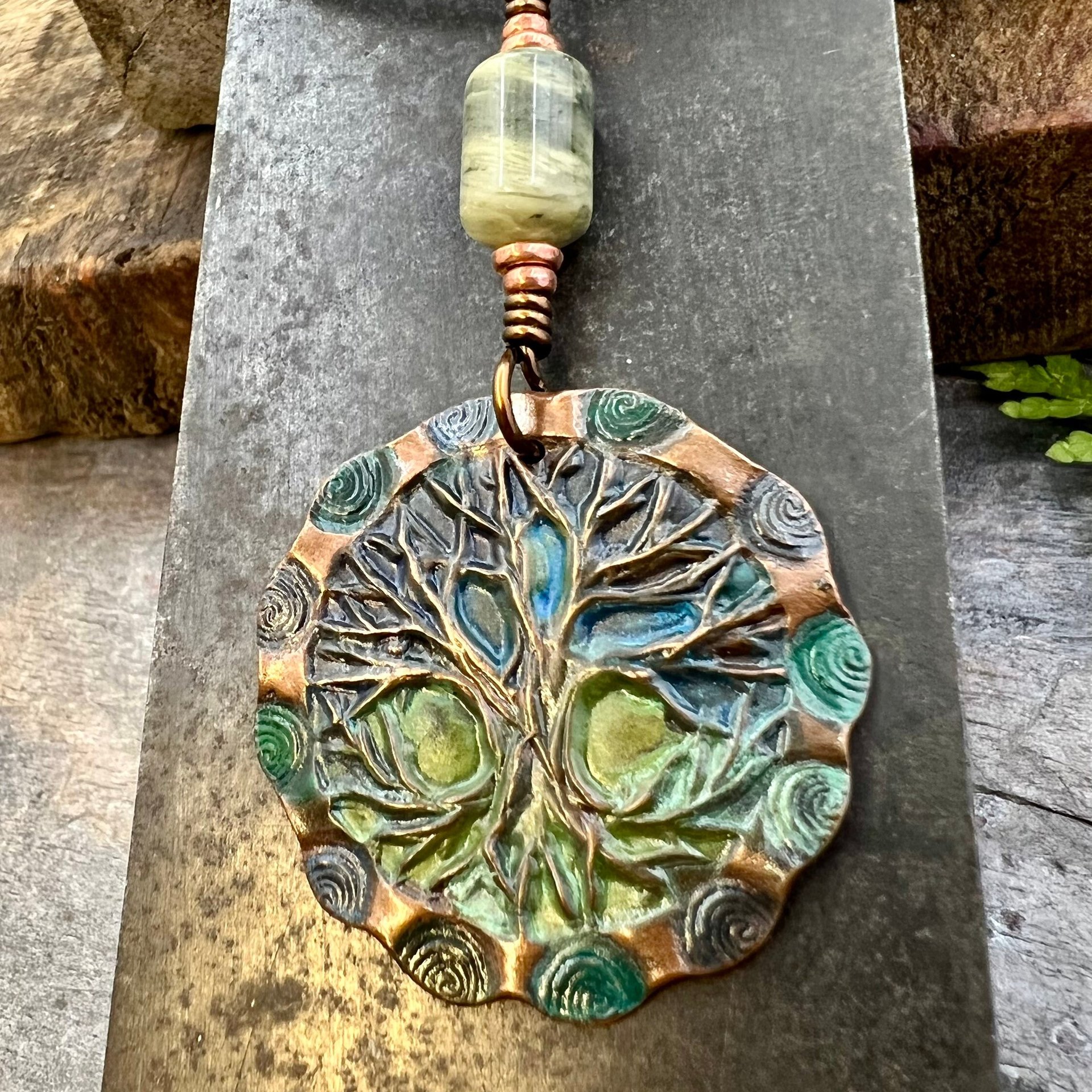 Tree of Life Pendant, Copper Colorful Patina, Connemara Marble, Hand Carved, Irish Celtic Spirals, Celtic Witch Goddess, Ancient Earthy Art