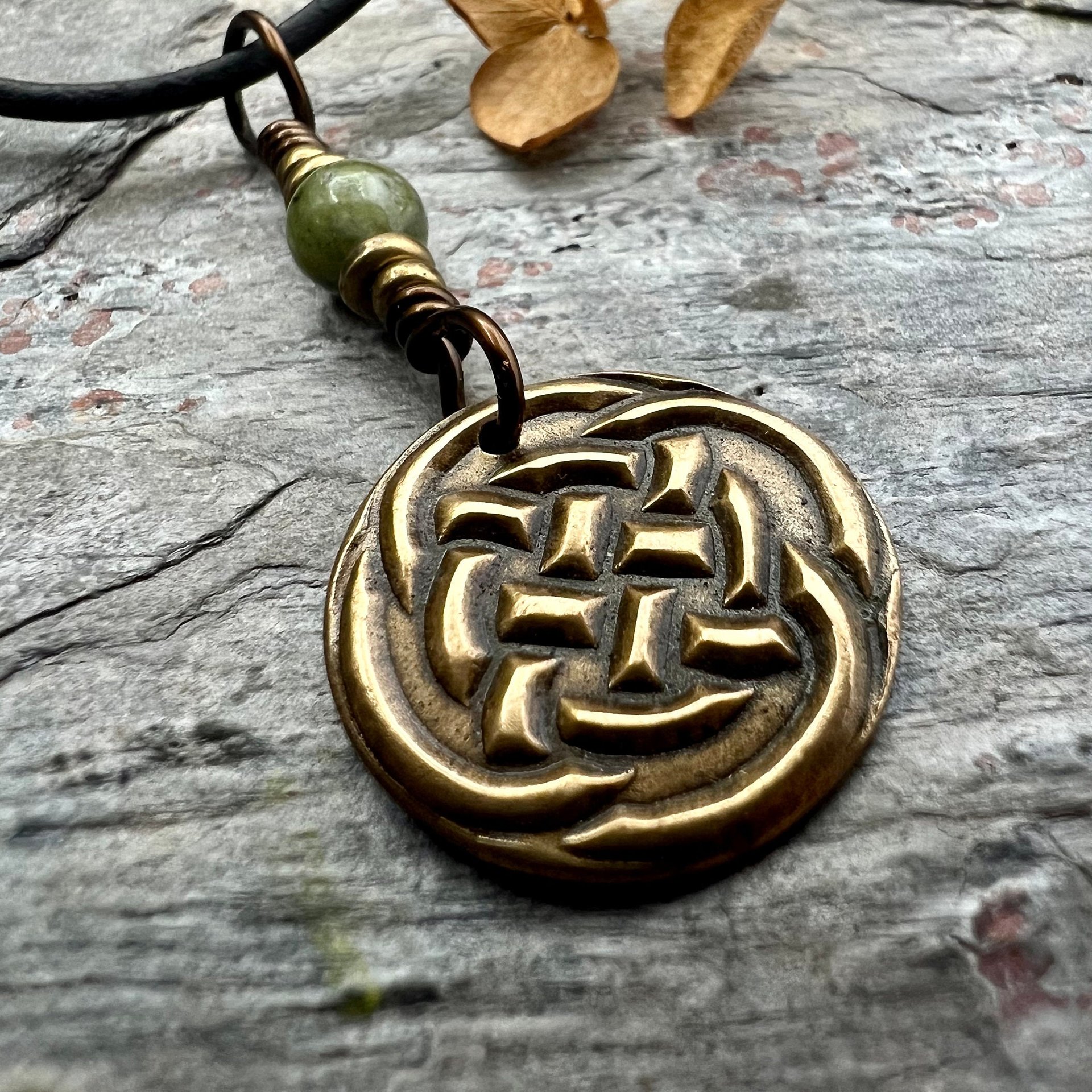 Celtic Knot Charm, Bronze Necklace, Wax Seal Charm, Connemara Marble, Irish Celtic Jewelry, Pagan, 8th Anniversary, Celtic Witch, Intertwine