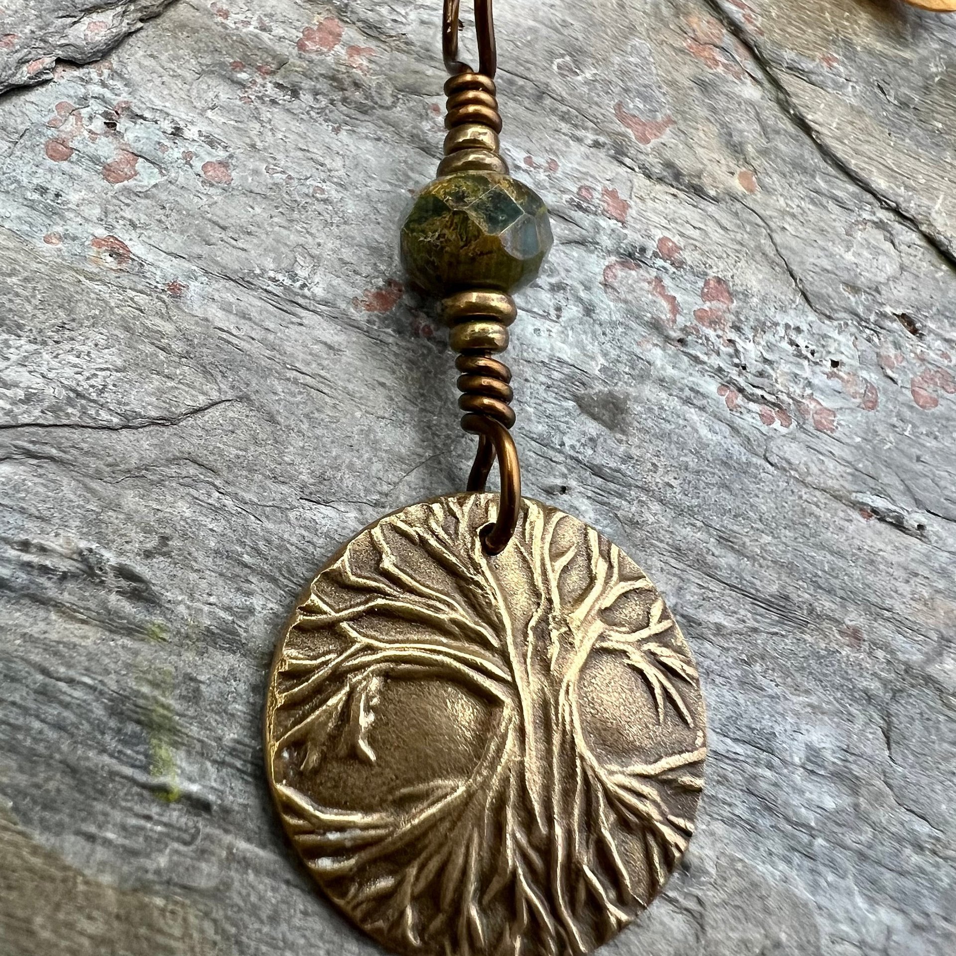 Tree of Life Charm, Bronze Necklace, Tree Branches, Czech Glass Bead, Disc Charm Pendant, Hand Carved, Celtic Witch, Pagan Druid, Earth Love
