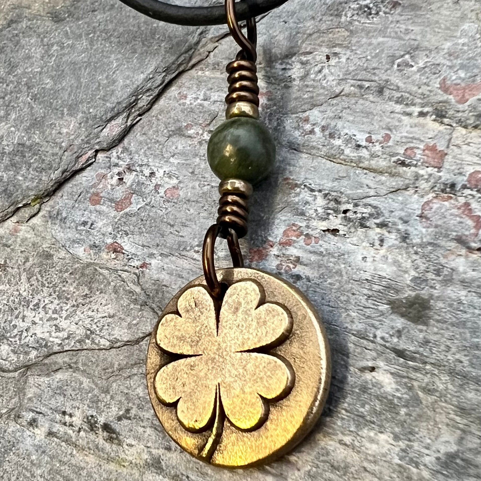 Four Leaf Clover, Bronze Necklace, Wax Seal Charm, Connemara Marble, Irish Celtic Jewelry, Lucky Charm, Celtic Witch, Irish Shamrock Luck