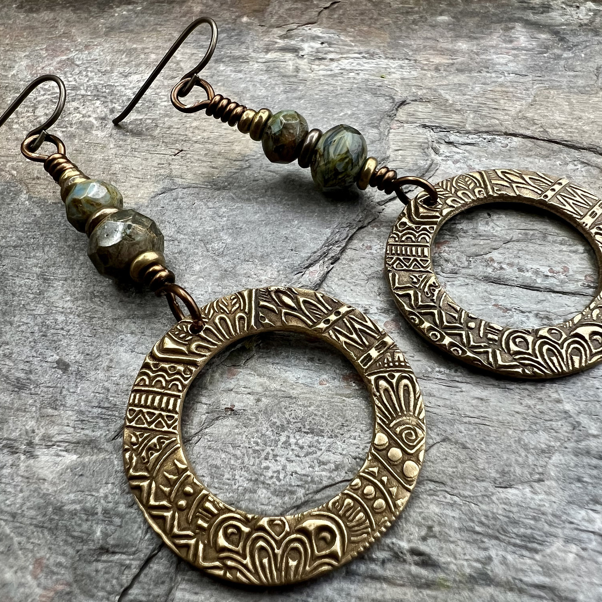 Bronze Hoop Earrings, Blue Green Czech Glass, Hypoallergenic Ear Wires, Earthy Boho Jewelry, Rustic, Tribal Textured, Dangle Drop Hoops