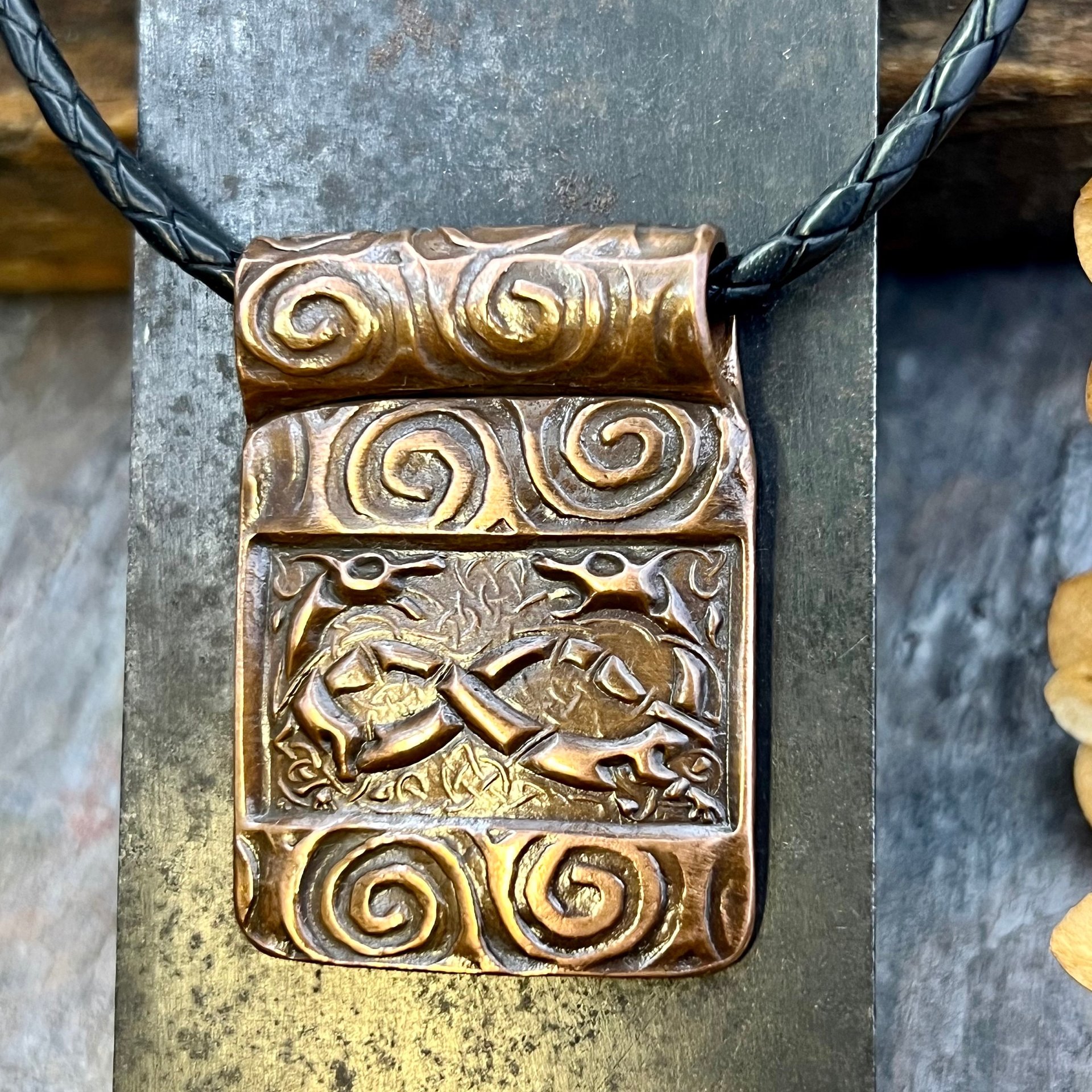 Celtic Hounds, Copper Pendant, Irish Celtic Jewelry, Celtic Knots Spirals, Earthy Rustic Jewelry, Leather Vegan Cords, Irish Dogs Wolfhounds