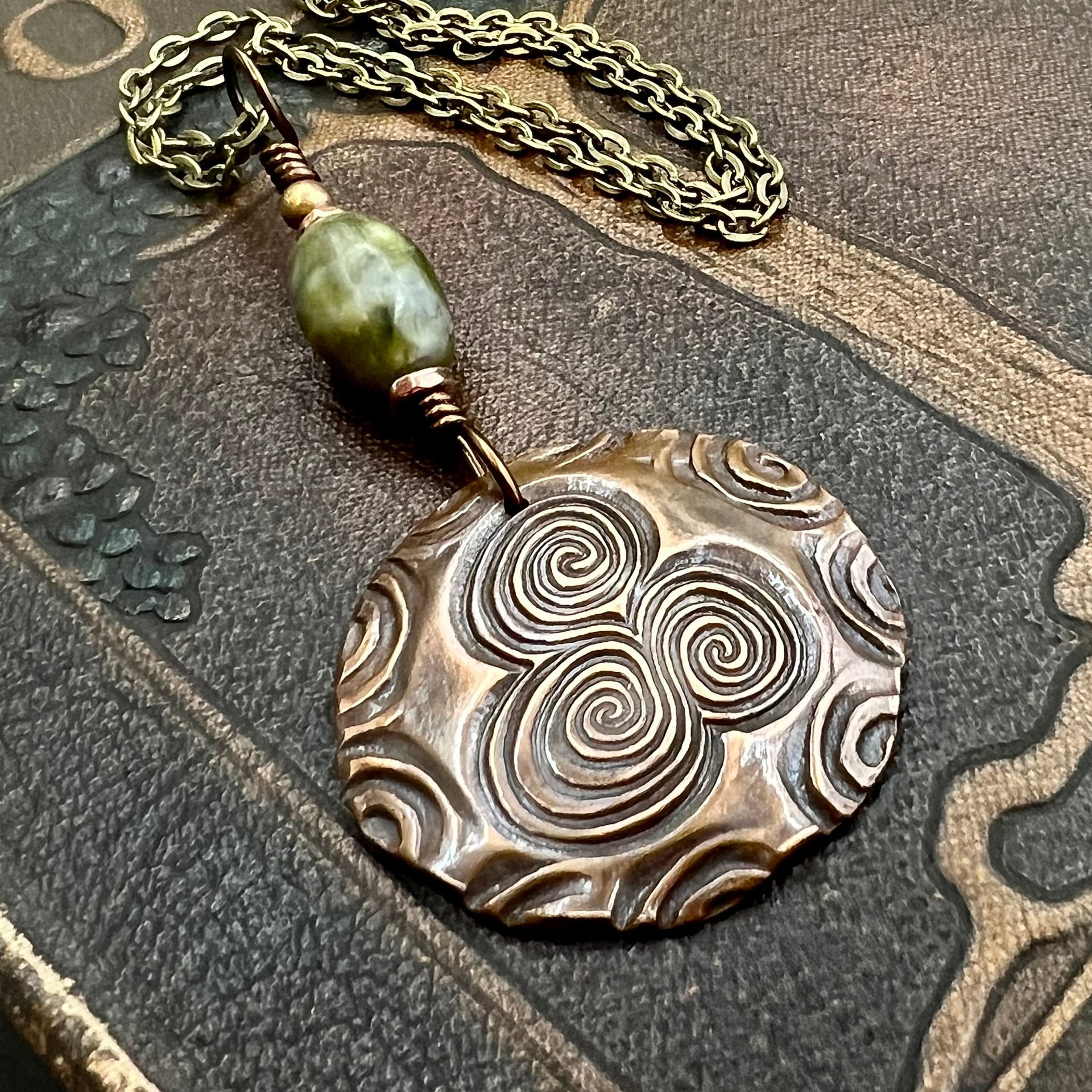 Newgrange Copper Pendant, Connemara Marble, Triskelion Triple Spiral, Irish Celtic Pagan, County Meath, Ireland, Celtic Witch, Irish Gifts