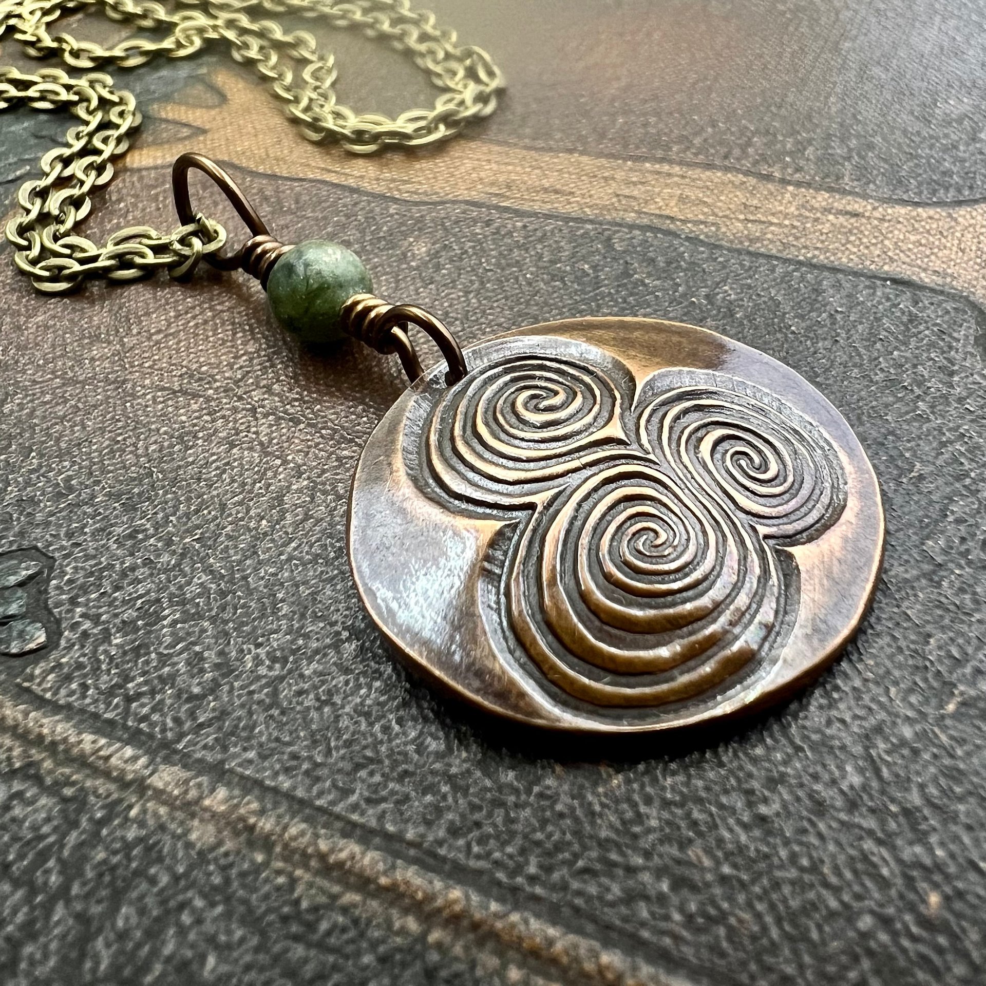 Newgrange Copper Pendant, Connemara Marble, Triskelion Triple Spiral, Irish Celtic Pagan, County Meath, Ireland, Celtic Witch, Irish Gifts