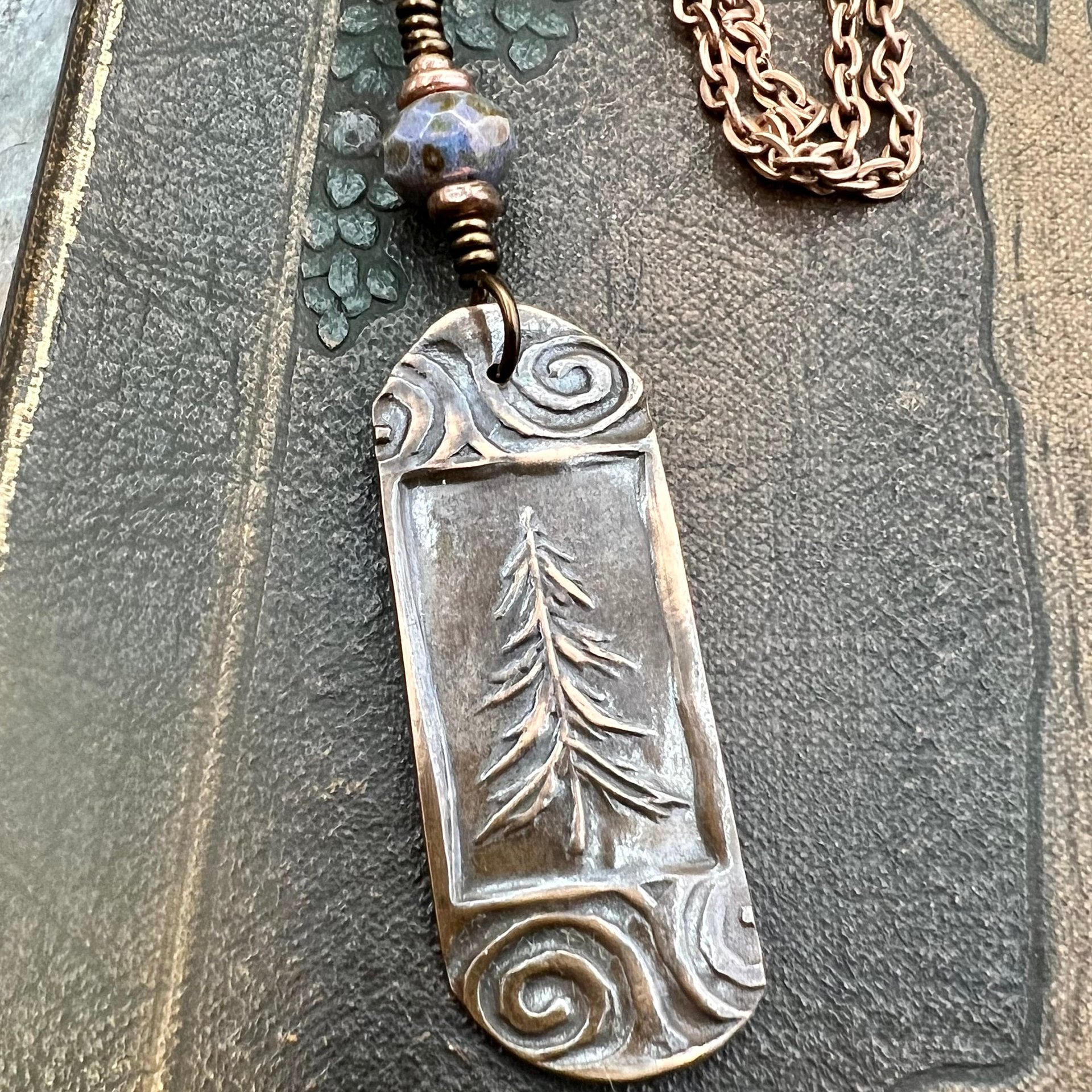 Pine Tree, Copper Pendant, Celtic Spirals, Czech Glass, Evergreen Trees, Earthy Rustic Art Jewelry, Hand Carved, Tree of Life, Pagan Druid