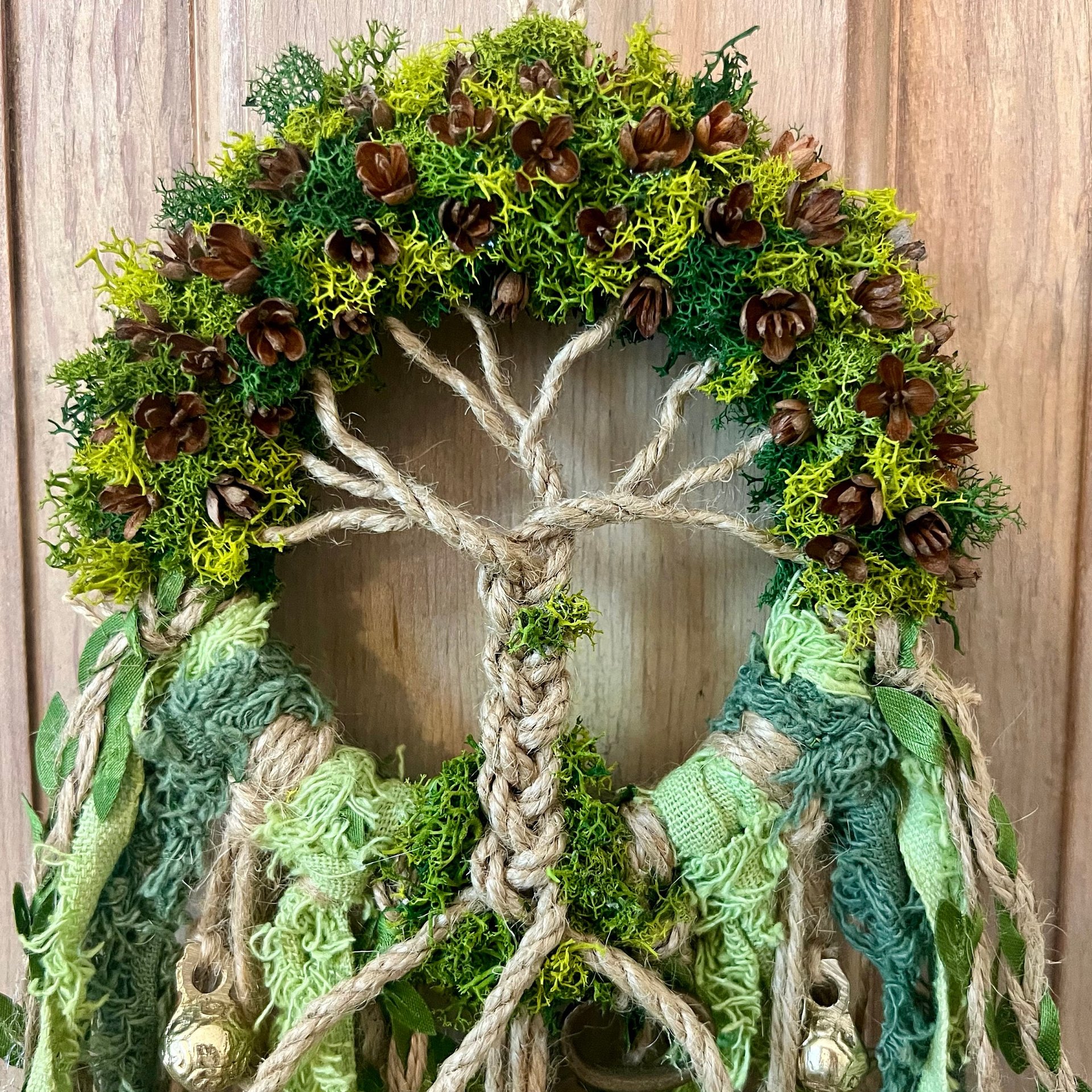 Tree of Life Witch Bells, Home & Door Protection, Doorknob Hanger, 5 Inch Mossy Wreath, Housewarming Gifts, Spirit Altar Bells, Recycled Ribbons