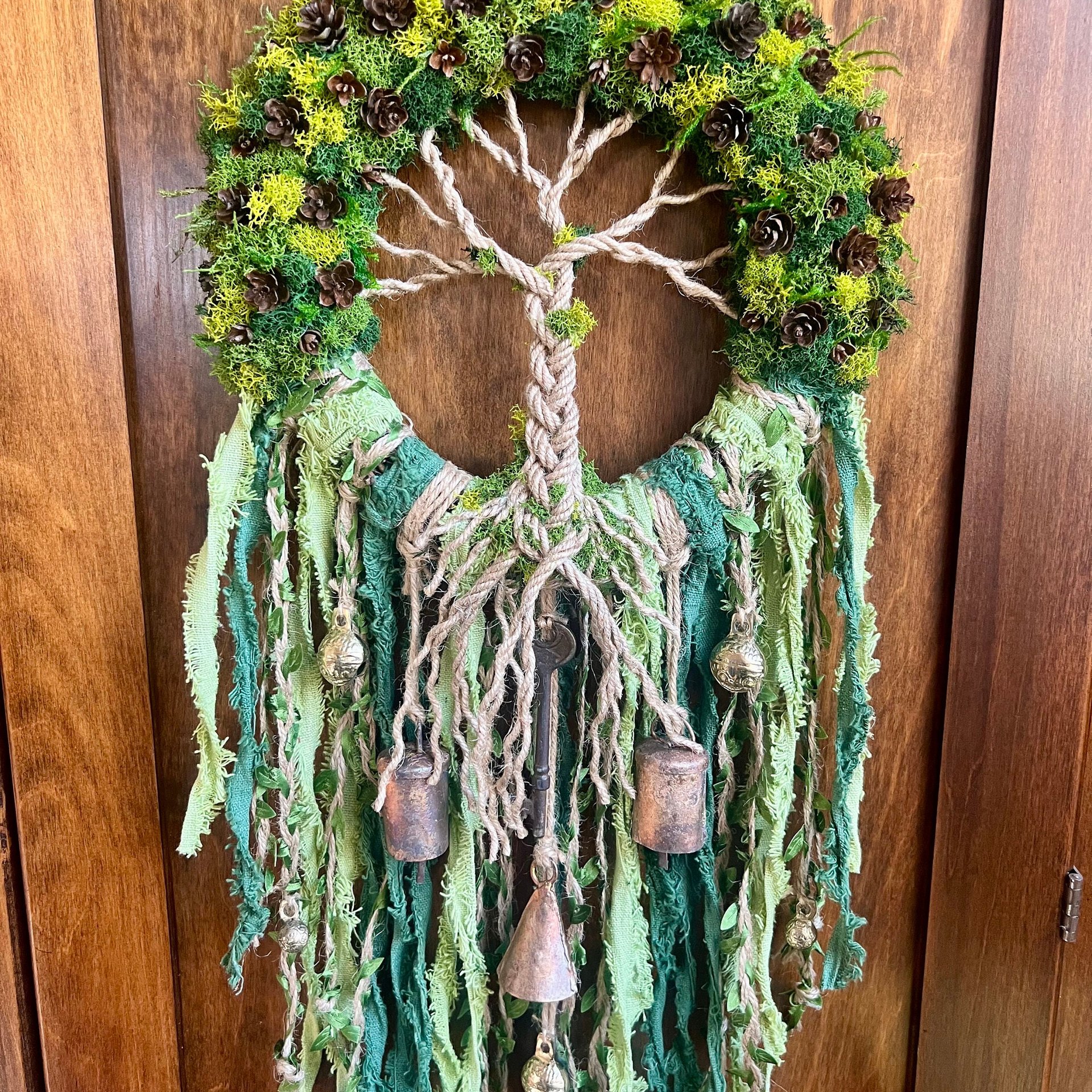 Tree of Life Witch Bells, Home & Door Protection, Doorknob, 9 Inch Mossy Wreath, Housewarming Gifts, Spirit Altar Bells, Recycled Ribbons