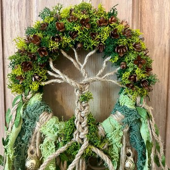 Tree of Life Witch Bells, Home & Door Protection, Doorknob Hanger, 5 Inch Mossy Wreath, Housewarming Gifts, Spirit Altar Bells, Recycled Ribbons