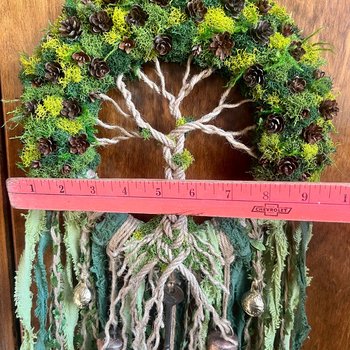 Tree of Life Witch Bells, Home & Door Protection, Doorknob, 9 Inch Mossy Wreath, Housewarming Gifts, Spirit Altar Bells, Recycled Ribbons