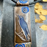 Copper Raven Pendant, Blue Patina, Hand Carved, Irish Celtic Spirals, Celtic Witch Goddess, Crow Corvid Birds, Earthy Rustic Jewelry
