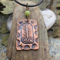 Blackthorn Ogham Charm, Copper Pendant, Celtic Trees, Connemara Marble, Hand Carved, Irish Celtic Spirals, Druid Sacred Trees, Irish Marble