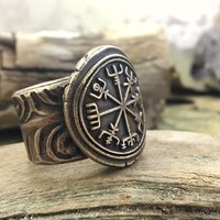 Vegvisir Ring, Viking Shield Ring, Spiral Band Ring, Men's Jewelry, Norse Nordic, Rune Jewelry, Ring for Men, Viking Compass, Icelandic, Art