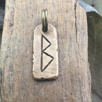 Berkano Rune, Bronze Rune Charm, Hand Carved, Viking Pendant for Men, Unisex, Elder Futhark, Ancient Pagan, Leather & Vegan Necklace Cords