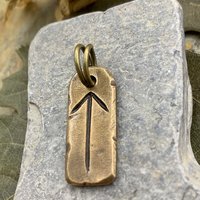 Tiwaz Rune, Bronze Rune Charm, Viking Pendants for Men, Unisex Nordic Jewelry, Elder Futhark, Handmade, Hand Carved, Leather & Vegan Cords