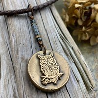 Bronze Owl Charm, Irish Celtic, Owl Witch Necklace, Celtic Hag Crone, Leather & Vegan Cords, Handmade Art Jewelry, Soul Harbor Jewelry