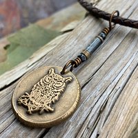 Bronze Owl Charm, Irish Celtic, Owl Witch Necklace, Celtic Hag Crone, Leather & Vegan Cords, Handmade Art Jewelry, Soul Harbor Jewelry