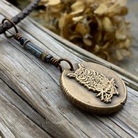 Bronze Owl Charm, Irish Celtic, Owl Witch Necklace, Celtic Hag Crone, Leather & Vegan Cords, Handmade Art Jewelry, Soul Harbor Jewelry