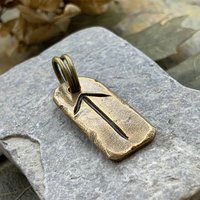 Tiwaz Rune, Bronze Rune Charm, Viking Pendants for Men, Unisex Nordic Jewelry, Elder Futhark, Handmade, Hand Carved, Leather & Vegan Cords