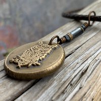 Bronze Owl Charm, Irish Celtic, Owl Witch Necklace, Celtic Hag Crone, Leather & Vegan Cords, Handmade Art Jewelry, Soul Harbor Jewelry
