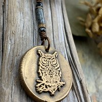 Bronze Owl Charm, Irish Celtic, Owl Witch Necklace, Celtic Hag Crone, Leather & Vegan Cords, Handmade Art Jewelry, Soul Harbor Jewelry