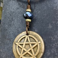 Pentagram Bronze Charm, Pentacle Pendant, Black Crystal Bead, Leather & Vegan Cords, Pagan Wicca, 5 Elements Star, Handmade, Witchy Things