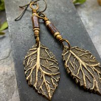 Birch Leaf Earrings, Bronze Leaves, Hand Carved Tree Branch, Czech Glass Beads, Pagan Wicca, Hypoallergenic Niobium, Soul Harbor Jewelry