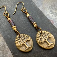 Tree of Life, Bronze Earrings, Czech Glass Beads, Hypoallergenic Ear Wires, Handmade, Art Jewelry, Wire Wrapped Beads, Oval Tree Dangles