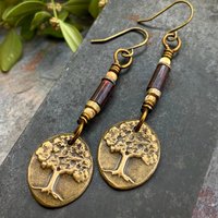 Tree of Life, Bronze Earrings, Czech Glass Beads, Hypoallergenic Ear Wires, Handmade, Art Jewelry, Wire Wrapped Beads, Oval Tree Dangles